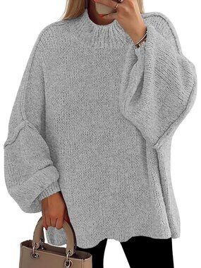 Women Light Grey Oversized Mock Neck Drop Shoulder Chunky Knit Slouchy Sweater